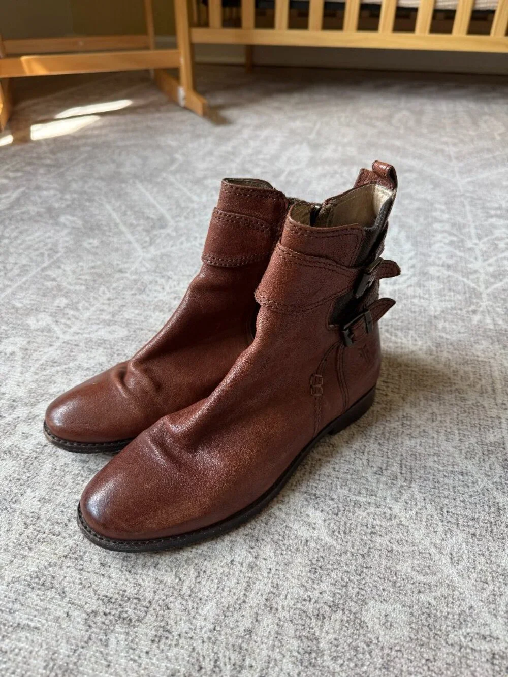 Frye Women’s 7M Whiskey Brown Leather Double Buckle Ankle Boots 3474651